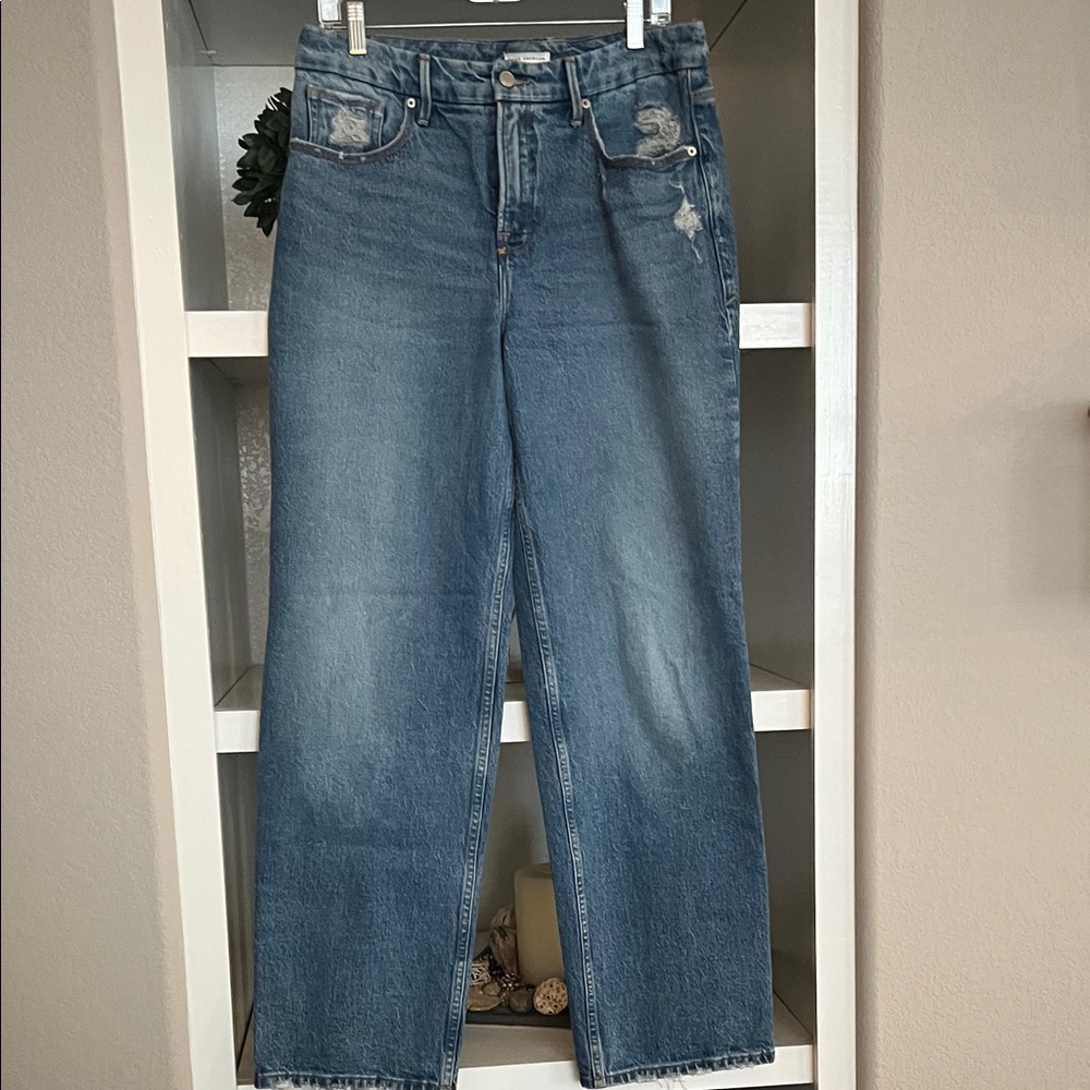 Good American Distressed Blue Straight Leg Jeans